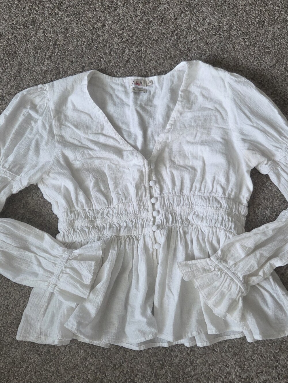 Faherty White Smocked Peasant Blouse Colette Organic Cotton Top Size M